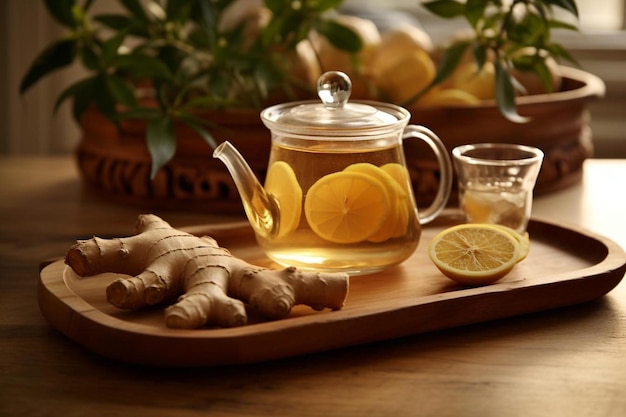 a glass pitcher of lemons sits on a tray with lemons.