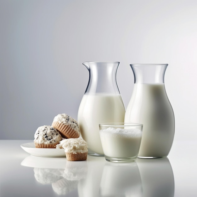 A glass pitcher of milk and a cup of muffins are on a table.