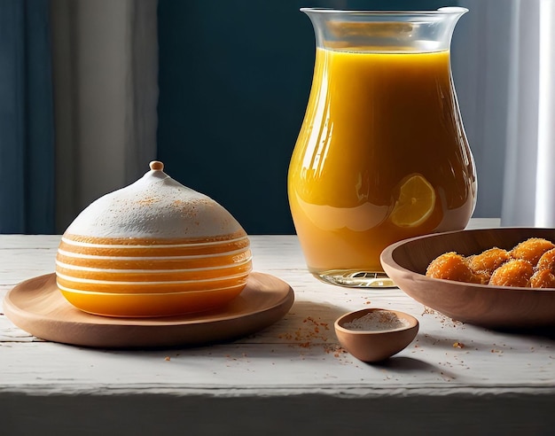 A glass pitcher of orange juice next to a bowl of orange juice.