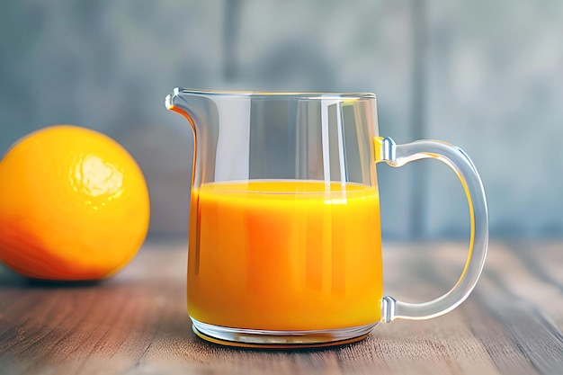 A glass pitcher of orange juice next to an orange.