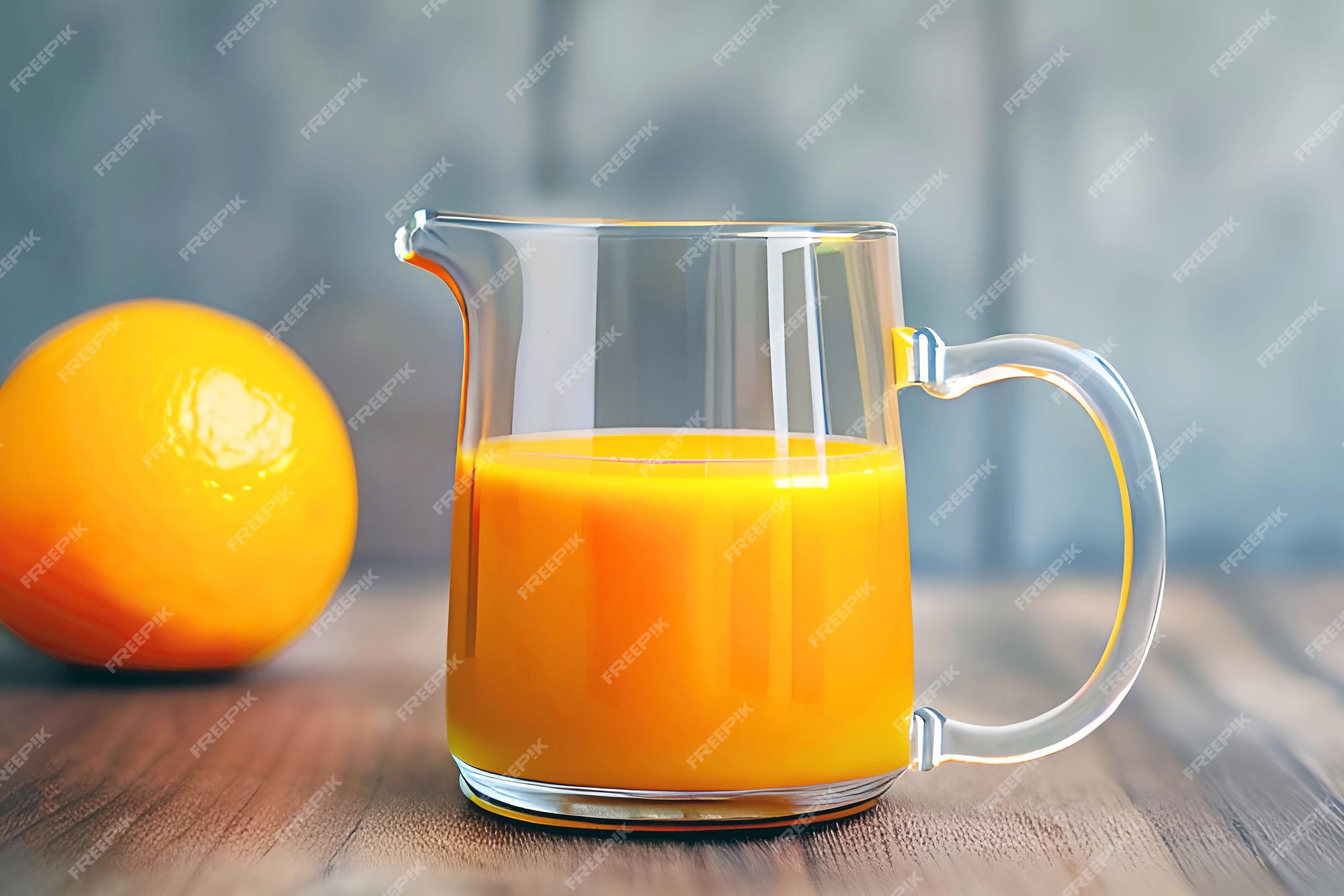 Premium Photo  A glass pitcher of orange juice next to an orange.