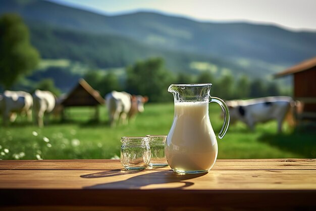 写真 木のテーブルの上に新鮮な牛乳が入ったガラスのピッチャー