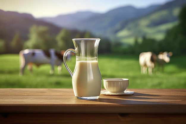 Glass pitcher with fresh milk on a wooden table