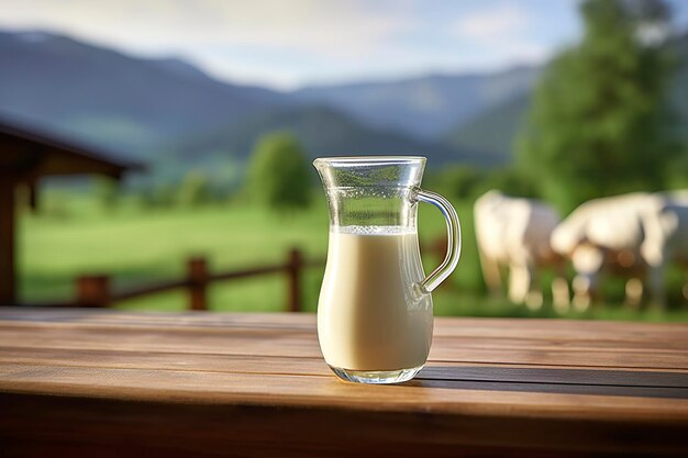 Foto una brocca di vetro con latte fresco su un tavolo di legno