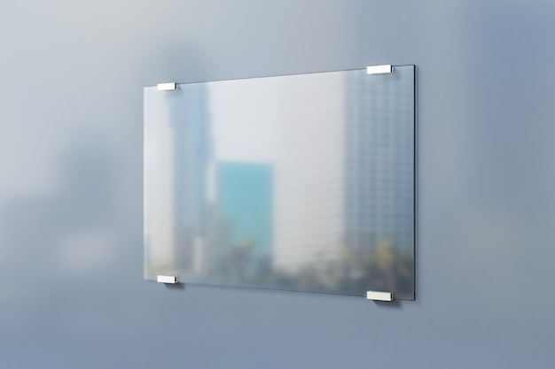 Photo glass plate on transparent background with blurry city on grey wall mockup 3d rendering