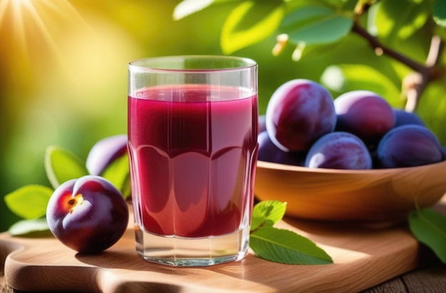 a glass of plum juice on a wooden table fruit drink plum orchard to the horizon plum plantations branches of a plum tree sunny day