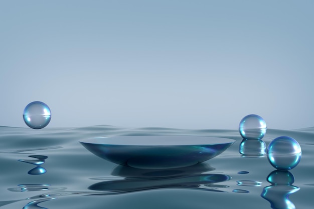 Glass podium on blue water background