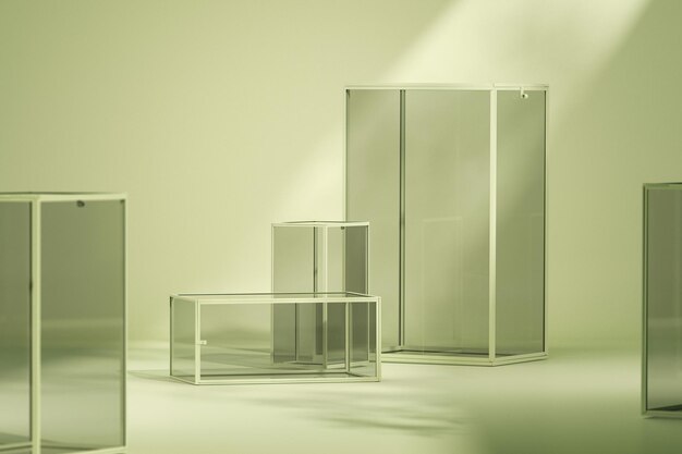 Glass podium display with pastel green background tropical leaf and geometric shapes 3d render