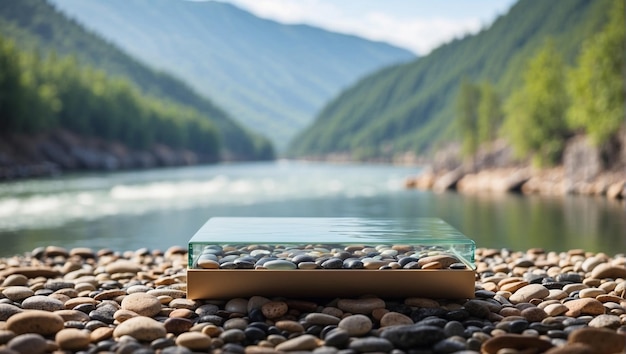 glass podium for product presentation on river pebbles with a blurry river background