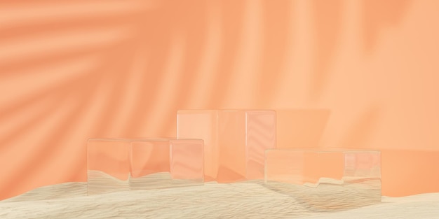 Glass podium on sand background for product presentation. Natural beauty pedestal, earth tone colour, 3d illustration