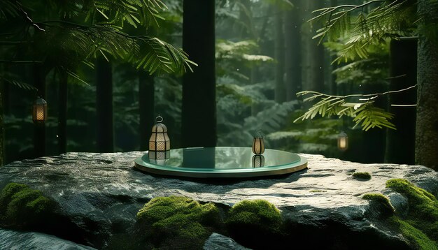 Photo glass podium on a stone in jungle background