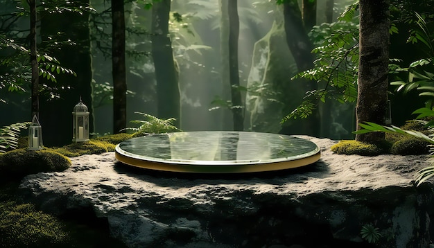 Photo glass podium on a stone in jungle background