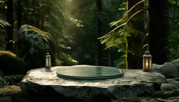 Photo glass podium on a stone in jungle background