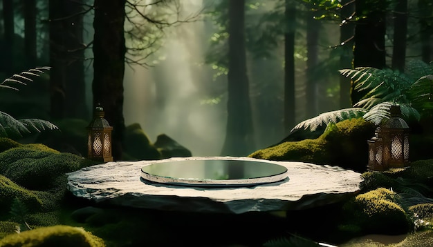 Glass Podium on a stone in jungle background