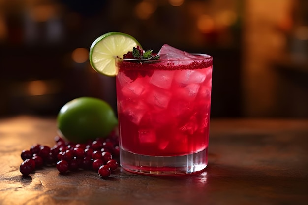 A glass of pomegranate cocktail with a lime on the side