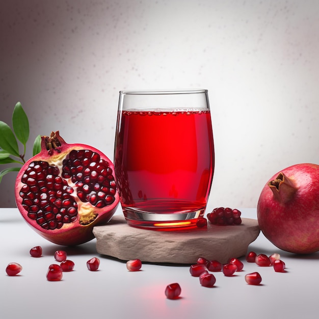 A glass of pomegranate juice next to a pomegranate.