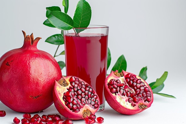 Glass of pomegranate juice with ice and fresh pomegranate fruits on white backgroud detox drink