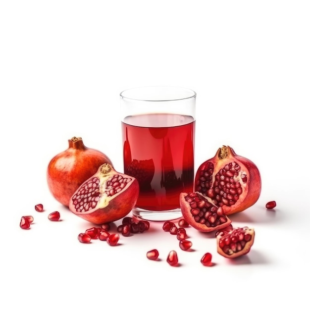 A glass of pomegranate juice with pomegranate seeds on it.