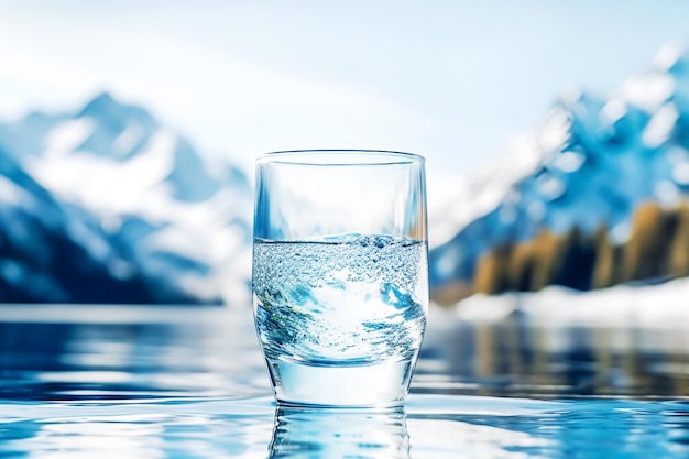 Glass of pouring crystal water against blurred nature snow mountain landscape background