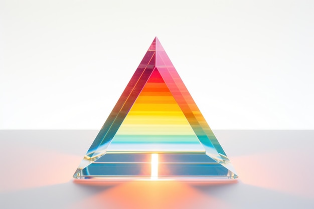 Photo glass prism refracting sunlight into spectrum on white background