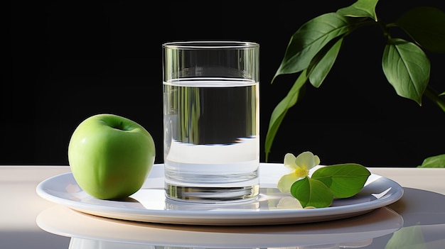 Glass of pure still water and green apple