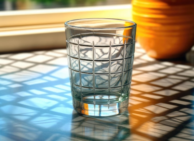 부 테이블에 있는 순수한 물 한 잔은 생성 인공지능 기술로 만들어졌습니다.