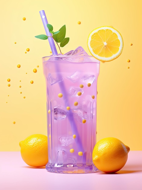 a glass of purple drink with lemons and a straw