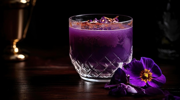 A glass of purple liquid sits on a dark wooden table with a flower on the side.