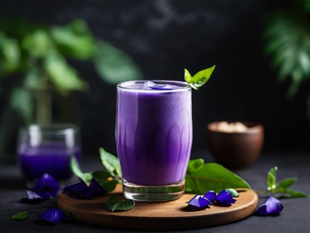 a glass of purple liquid sits on a wooden tray with purple candles