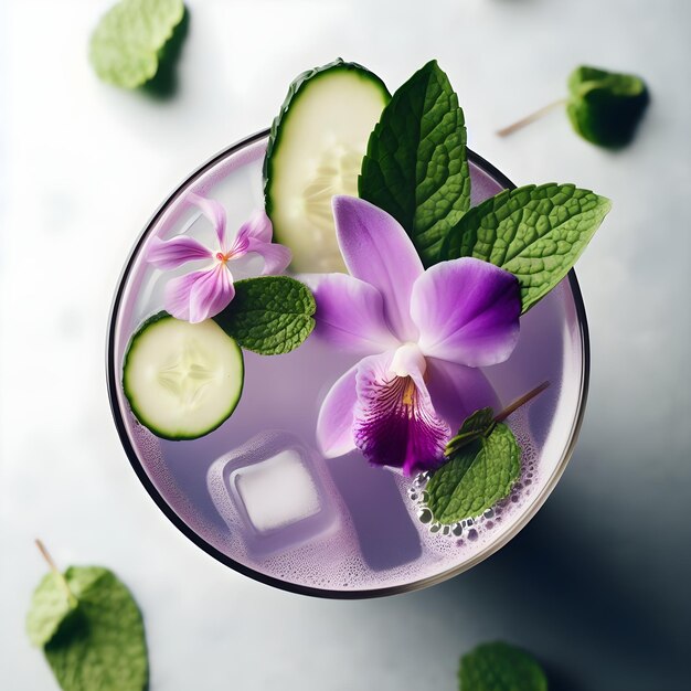 얼음과 라벤더 꽃이 있는 보라색 액체 한 잔
