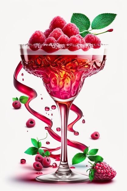 A glass of raspberry cocktail with a red liquid and a raspberry on the bottom.