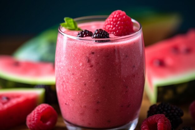 a glass of raspberry juice with blackberries and blackberries