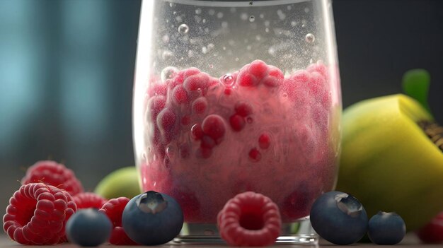 A glass of raspberry juice with a blueberry in it.