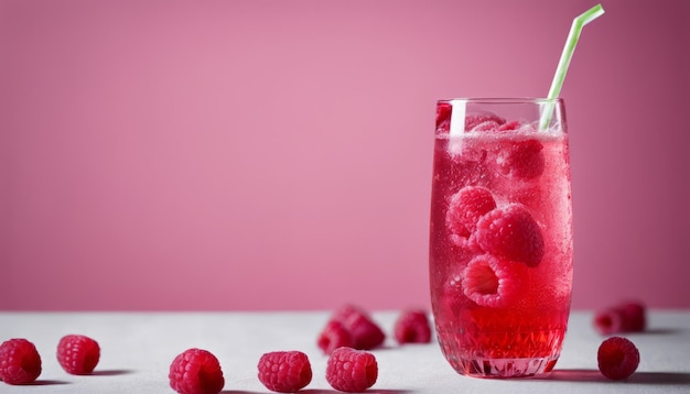 A glass of raspberry juice with raspberries on the table