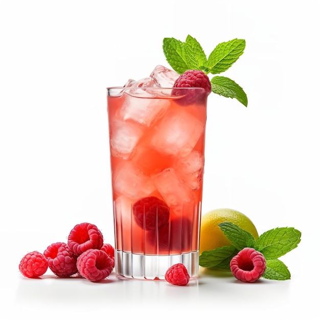 A glass of raspberry lemonade with a mint leaf next to it.