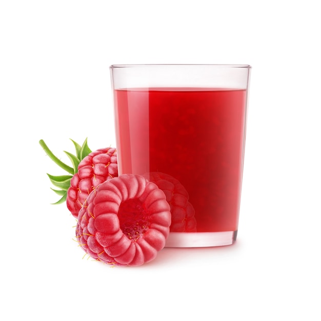 glass of raspberry smoothie or juice isolated on white background