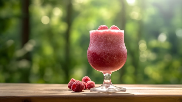 A glass of raspberry smoothie sits on a table with a green background.