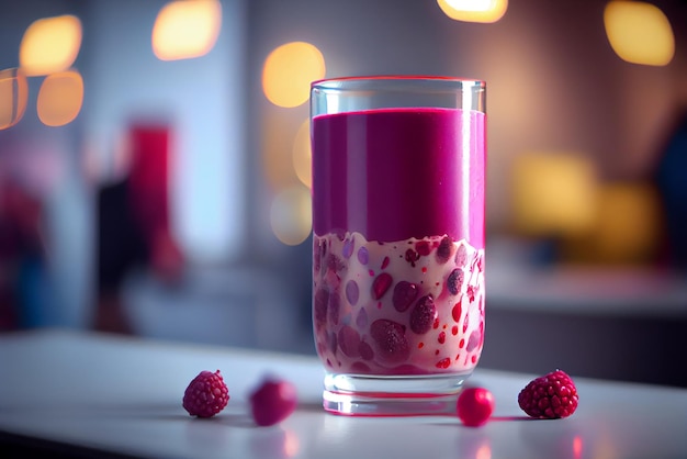 Glass of raspberry smoothie in white floor Illustration Generative AI