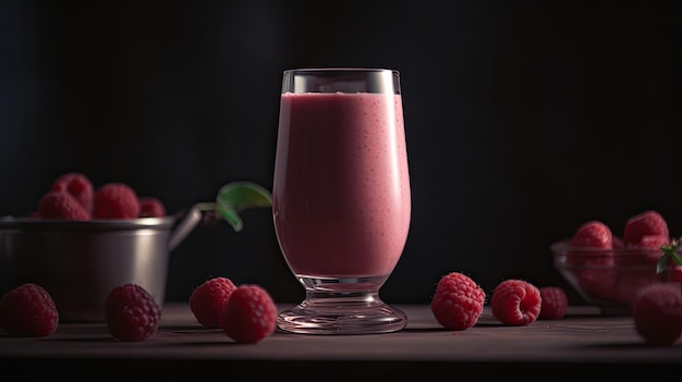 A glass of raspberry smoothie with a cup of raspberry juice on a table.