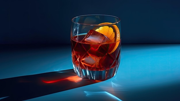 A glass of red cocktail with ice cubes on a blue background.