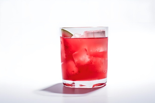 A glass of red cocktail with ice cubes and a lime wedge.