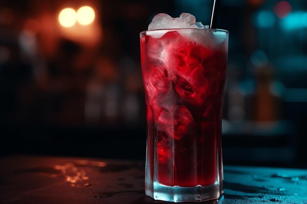 A glass of red cocktail with ice on the top.