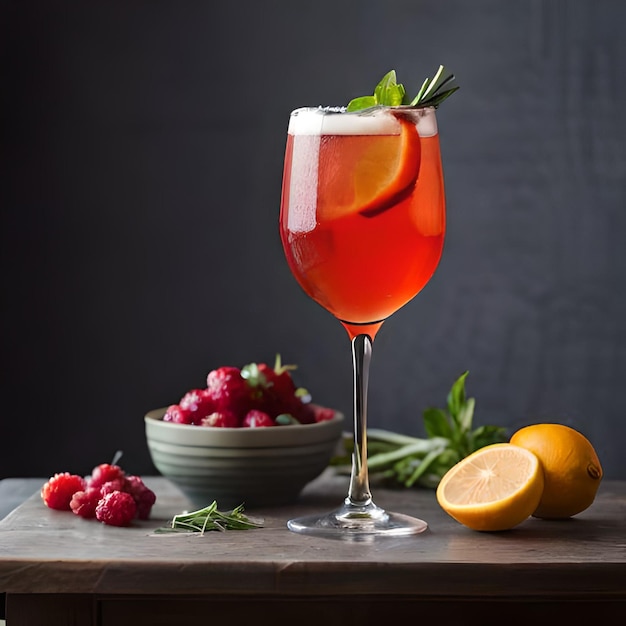 A glass of red cocktail with a lemon slice on the rim.