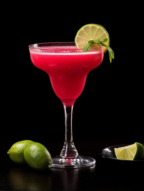 a glass of red cocktail with lime wedges and limes