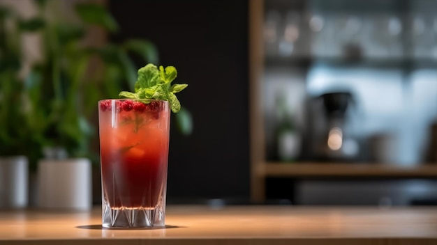 A glass of red cocktail with a mint leaf on the top