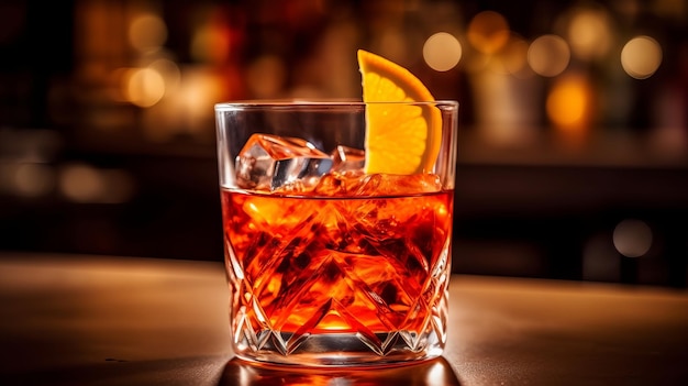 A glass of red cocktail with a slice of orange on the top.