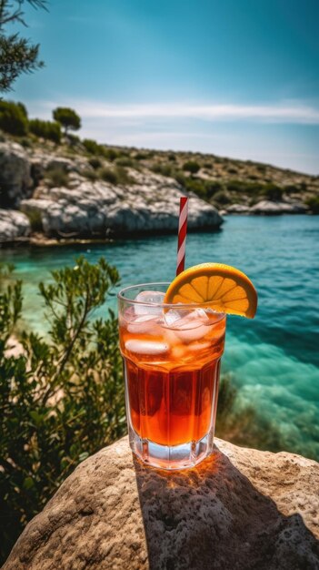 A glass of red cocktail with a straw and a red and white striped straw sits on a ledge overlooking the sea.