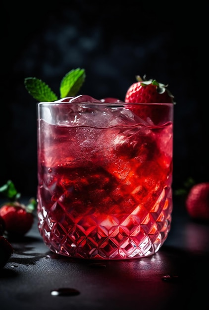 A glass of red cocktail with a strawberry on the bottom.