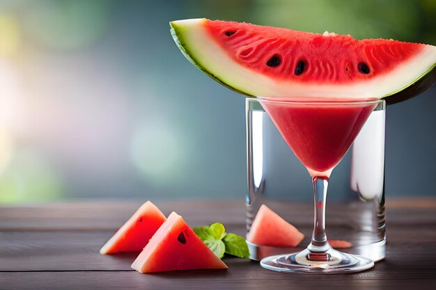 a glass of red cocktail with watermelon and watermelon.