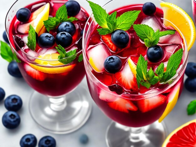 Foto bicchiere di bevanda rossa con ghiaccio mirtilli fragole limone lime e foglie di menta ai generati